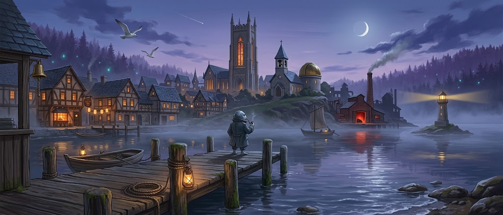 The Aetherwell Academy campus seen across the lake at twilight
